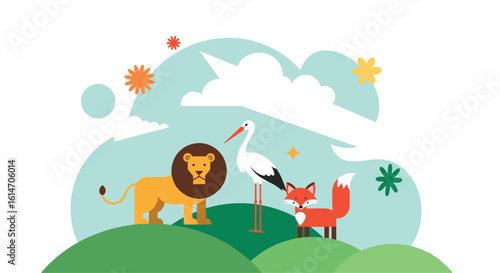 Friendly animals enjoying a sunny day in the meadow with fluffy clouds overhead