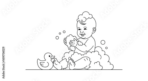 Adorable baby enjoying a bubble bath with rubber duck toys splashing water fun moments