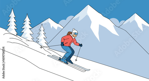 Excited person skiing down a snowy mountain slope with ski poles and trees in the background on a clear winter day