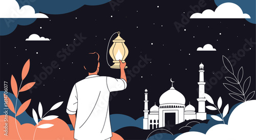 A person holding a lantern under the night sky with a mosque in the background creating a peaceful and spiritual atmosphere for ramadan celebrations