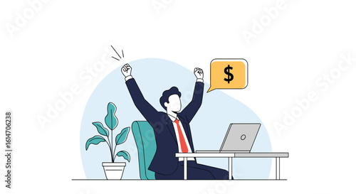 Successful businessman celebrating financial gain with arms raised in victory holding a gold coin above his head at his desk with a laptop and plant