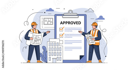 Construction project approval process with team of professionals overseeing the checklist and plans