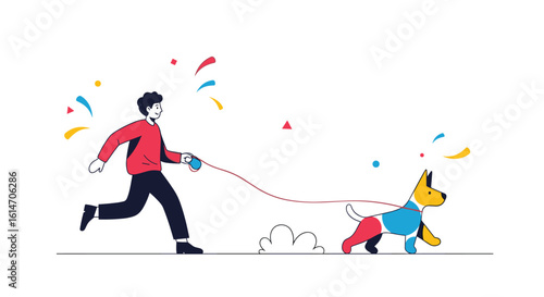 Young man running with his happy dog outdoors celebrating with confetti and festive decorations