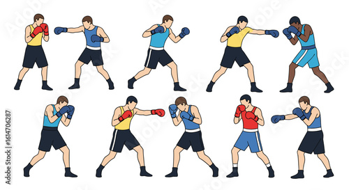 Collection of dynamic boxing poses showing combatant action and athletic stance in sports competition