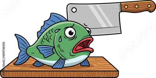 Funny cartoon fish with cleaver on cutting board, humorous seafood cooking concept for culinary design, kitchen illustration, food preparation art