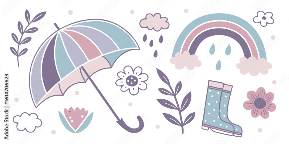 Pastel Spring Weather Icons with Umbrella and Rainbow on transparent background