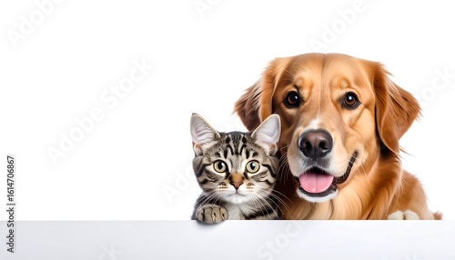 Cute pets peeking over a sign