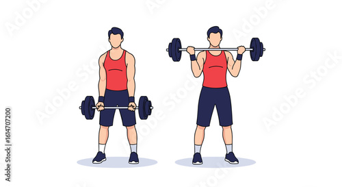 Demonstration of a male performing barbell deadlifts and barbell overhead presses for strength training