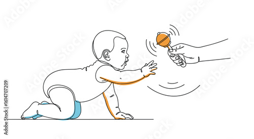 Observing a baby's early motor skill development reaching for a toy during play and exploration