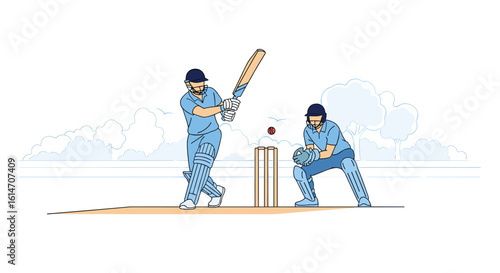 Cricket batsman hitting a six with a wicketkeeper behind the stumps on a sunny day with clouds in the sky
