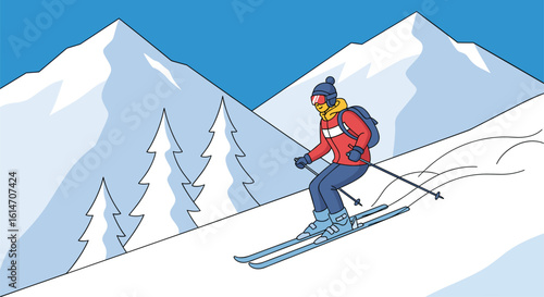 Enjoying a thrilling ski descent down a snow-covered mountain slope surrounded by majestic evergreen trees and a clear blue sky