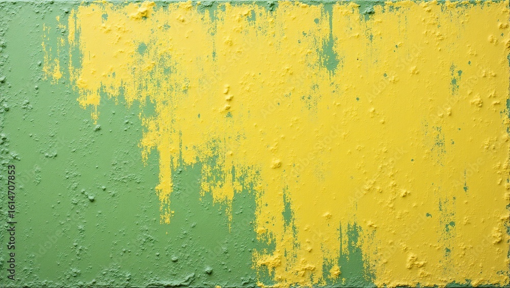 Obraz premium The worn texture of a graffiti wall is marked by faded strokes of yellow and green spray paint, blending into an abstract urban canvas