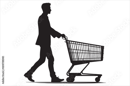 Silhouette of a man pushing a shopping cart. Vector illustration for e-commerce, retail, and consumer business concepts.