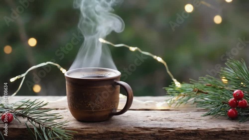Enjoying warm steaming coffee amidst cozy winter festive lights and pine