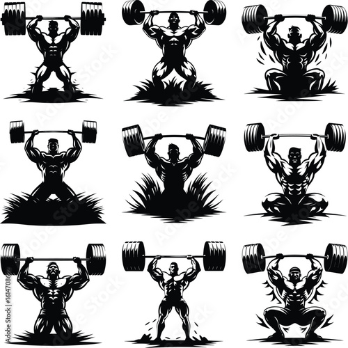 Silhouette of a muscular man lifting weights in various poses
