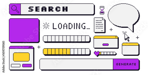 Pixel art windows interfaces and speech bubbles set . 8 bit frames and game icons. 90s callouts and internet elements. Loading bar, search and border with cursors collection. Vector illustration.