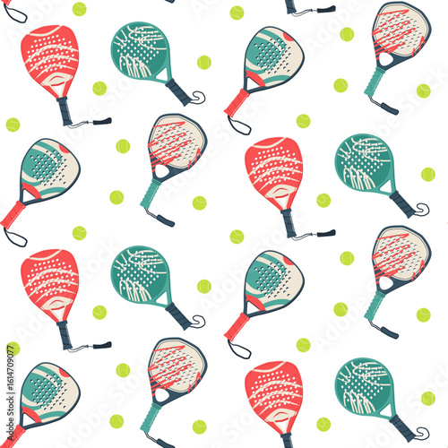 Seamless padel pattern with tennis rackets, balls and sport icons for club design or match background with paddle vector and team game concept
