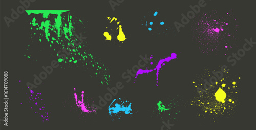 Neon colors paint stain liquid textures set. Aerosol can spray splashes. Grunge graffiti art melting drops sand prayed elements. Urban street stencil on wall. Vector graphic acrylic paint messy spots.