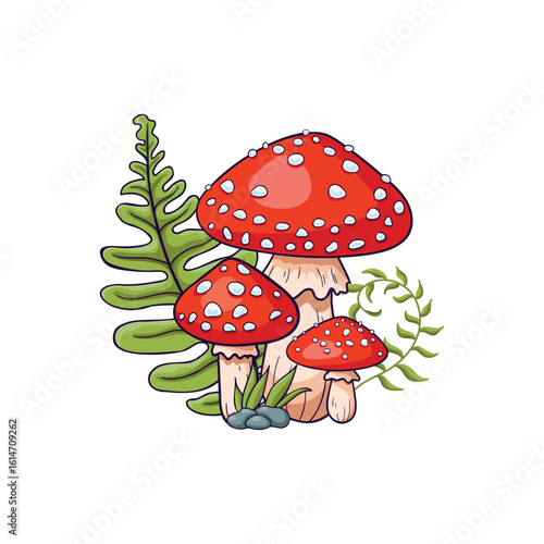 A group of toadstools among herbs and ferns. Mushrooms with red caps and white spots. Autumn, summer illustration