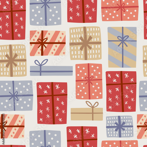 Christmas Seamless pattern with gift boxes. Celebration, greeting card. Textile, wallpaper, wrapping paper design Scandinavian hygge gift
