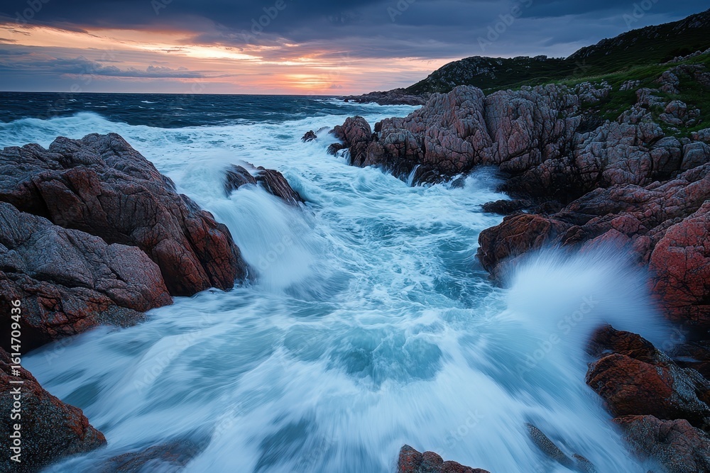 Obraz premium Powerful waves crash against rocky coastline at sunset revealing nature's raw energy, Aerial view of powerful waves breaking over a rocky coastline at dusk, moody nature backgrounds