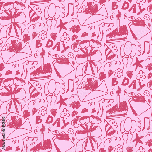 Birthday girly party crayon seamless pattern. Festive pink and red doodle endless background. Hand drawn kids repeat cover. Vector hand drawn illustration.