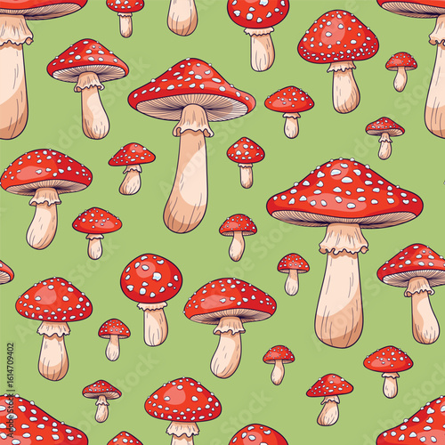 Mushroom pattern. Seamless pattern with toadstools on a green background, summer illustration