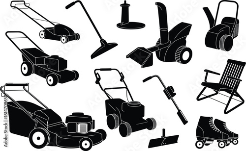 Collection of Garden Tools, Lawn Mowers, and Outdoor Equipment Silhouettes – Household Maintenance and Recreational Gear Vector Set