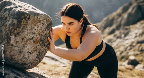 Overweight Woman Pushing Large Rock Uphill During Outdoor Fitness Challenge
