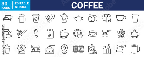 coffee and tea line web icons. iced, maker machine, beans, Espresso cup. Collection of Outline Icons. Vector illustration.