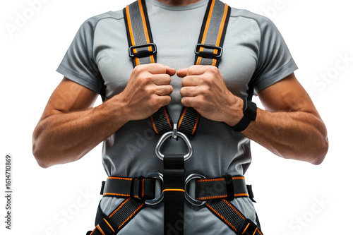 Man wearing a safety harness with orange accents isolated on transparent background