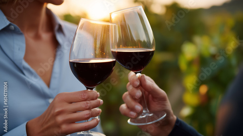 Romantic sunset wine moment in vineyard