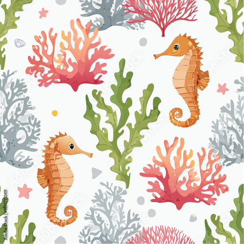 Seamless marine pattern with corals and seahorses watercolor ocean design with vertical reef elements on white background.