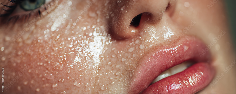 Fototapeta premium Close-up view of a woman's face with drops of water on skin in a soft light setting creating a fresh and youthful appearance