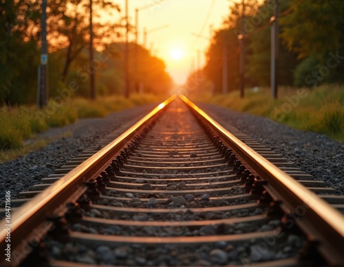 Train tracks stretch towards warm sunset, casting long shadows. Low sun glows on rails, creating serene, tranquil scene. Trees and grass line path, suggesting journey into evening.