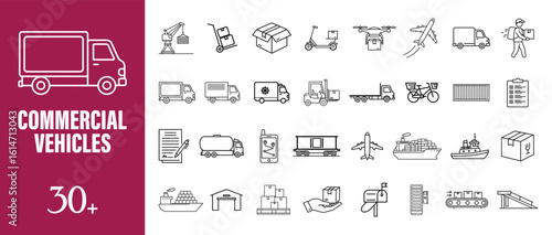 Commercial Vehicles Line Icon Set, Cargo, Transport, Logistics, Plane, Drone, Ship, Train, Truck, Warehouse Linear Illustration
