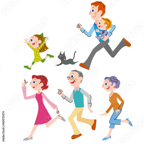 元気に走る三世代家族のイラスト