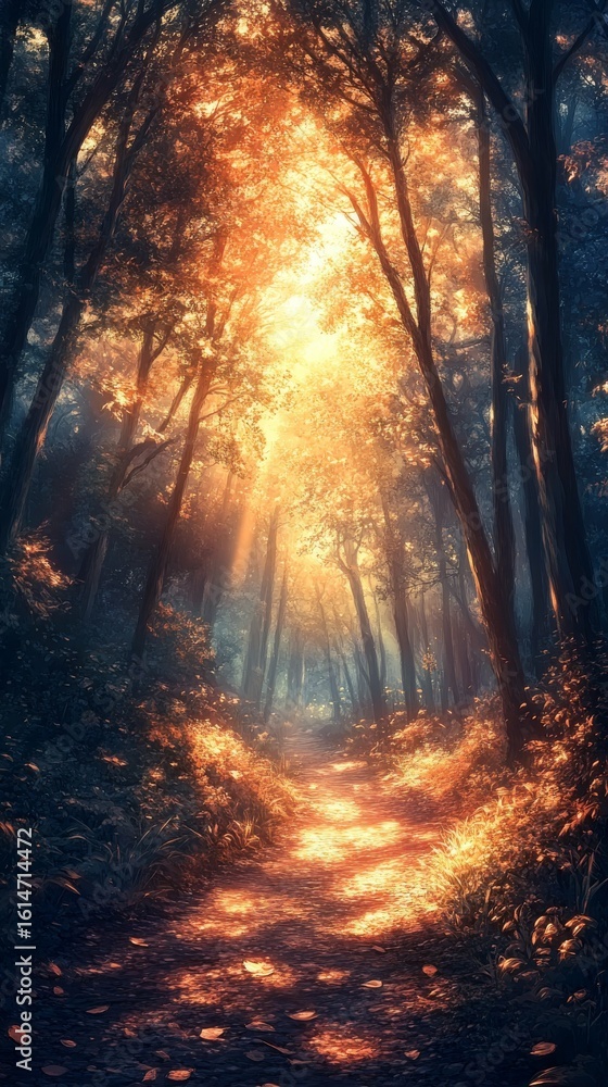 Obraz premium Walking Path Through a Forest with Sunlight Streaming Through Trees