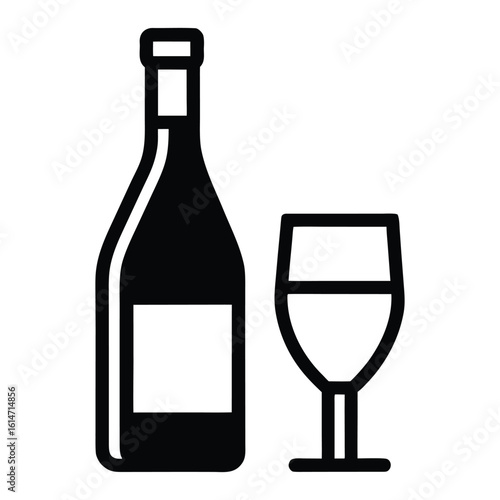 Black silhouette of a wine bottle and a wine glass on white background drink beverage