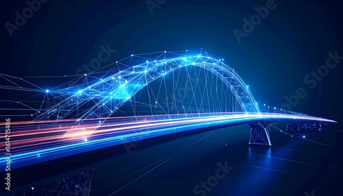 Futuristic arch bridge with glowing lines representing fast-moving vehicles at night