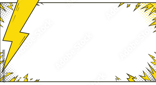 Comic Book Frame with Yellow Lightning Bolts and Halftone Effects