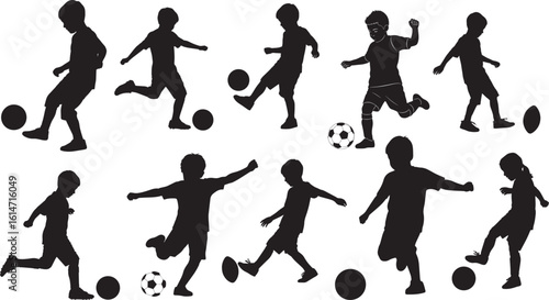 kids playing football silhouette vector, child soccer silhouettes for sports design, vector of children kicking ball in black, football activity silhouettes for kids sports template