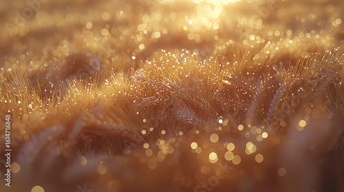 Golden wheat field shimmering in sunlight, dew-kissed stalks, close-up view.