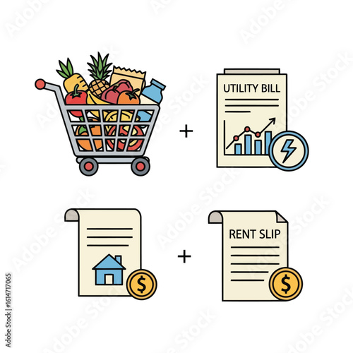 Shopping grocery utility rent bills shopping cart groceries