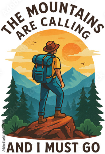 Adventure-themed illustration of a hiker standing on a rock with a scenic mountain view in the background, paired with the inspirational quote 