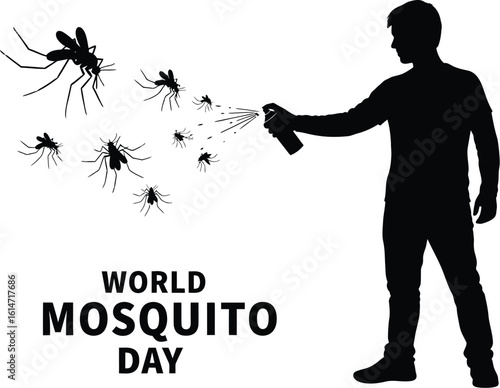 Mark world mosquito day with an illustration of a person spraying mosquito repellent to protect against mosquito bites
