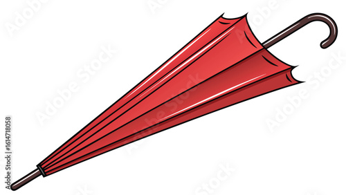 A closed red umbrella with a curved brown handle on a white background rain protection