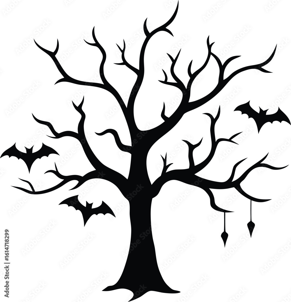 Naklejka premium Spooky Leafless Tree Decorated with Hanging Bats