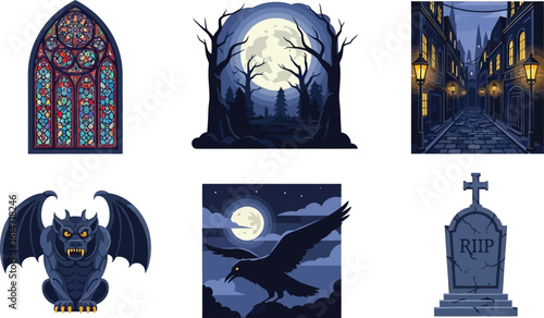 Spooky Halloween themed illustrations of gothic architecture, gargoyles, a raven, and a graveyard.