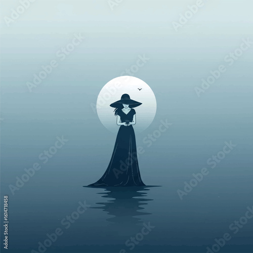 Elegant Woman Silhouette on Water at Sunset/Sunrise